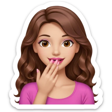 girl with long wavy brown hair, brown eyes, long lashes makeup, sexy pink lips, light to medium complexion, pink sexy top, smiling, hand covering  sticker