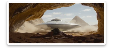 cinematic still, documentary photography, acient egypt, back shot of a man dress in ancient clothes in cave (frame in frame effect) on ground laying front of small ufo starship, sand flying around, palms, dynamic scane, leading lines, captured by arri alexa, depth layers, piramids in babckground sticker