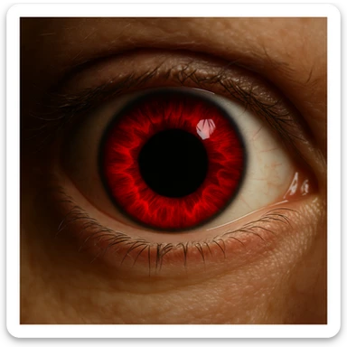 an eye with a bright red iris and an extremely dilated black pupil, intense and dramatic, on a plain background sticker