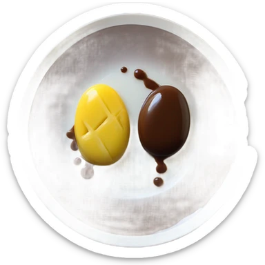 Chocolate and vanilla quenelle on glass plate with 3 drops of pineapple sauce sticker