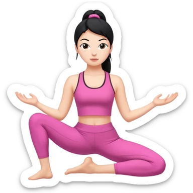 Una chica blanca con pelo negro recogido en una coleta haciendo yoga con un traje rosa  sticker