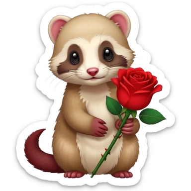 A ferret holfing a red rose sticker