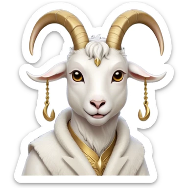 Cinematic Noble White Goat Portrait Emoji, Poised and regal, with a sturdy, agile build and a pristine, smooth white coat accented by gracefully curved horns, deep-set soulful dark eyes, Simplified yet sharp and sophisticated features, highly detailed, glowing with a soft, dignified glow, high shine, intelligent and spirited, stylized with an air of pastoral elegance, focused and attentive, soft glowing outline, capturing the essence of a watchful and confident goat, so majestic it feels as though it could leap out of the screen with effortless authority! sticker