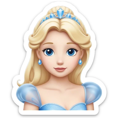 Cinematic Timeless Cinderella Portrait Emoji, rendered in a realistic, simplified vector style. Depict a classic Cinderella with delicate fair skin, beautifully styled blonde hair, and a calm, content expression, dressed in her iconic gown. The design is highlighted by a soft glowing outline and gentle, enchanting luminosity, capturing the essence of pure fairy-tale elegance. sticker
