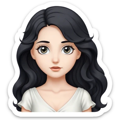 She has long, wavy black hair that frames her face elegantly. Her eyes are big and gray, adding to her captivating appearance. She is wearing a white dress that complements her fair complexion. She is striking a pose slightly diagonally, enhancing her graceful look. sticker