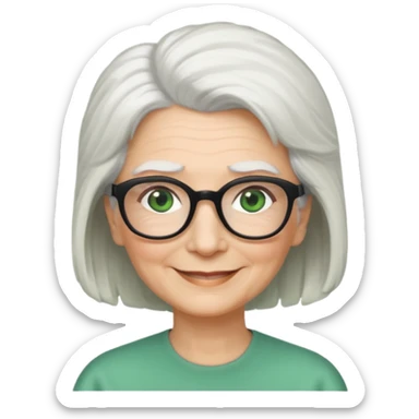 White hair grandma, green eyes, hair to shoulder, lokeg black glasses, rectangles face, smile , sticker