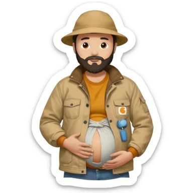 Bearded man rubbing pregnant belly poking out of shirt wearing a tan canvas carhartt jacket with  chinese hat on sticker