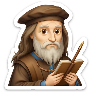 cinematic-realistic-leonardo-da-vinci-portrait-emoji,-depicted-as-the-quintessential-renaissance-polymath-with-deep,-thoughtful-eyes,-a-flowing-beard,-and-a-quill-or-sketchbook-in-hand.-the-scene-is-illuminated-with-warm,-classical-light sticker
