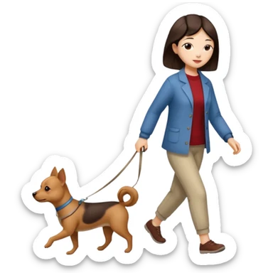 Chinese woman walking small brown dog sticker