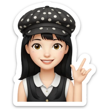 pinterst girl with heavy bang, black long strait hair and black pica dot newsboy cap on her hat, wearing white sleeveless  sticker