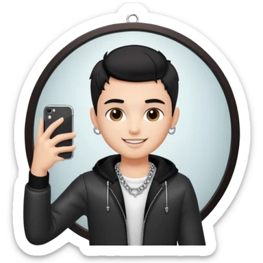 generate a pretty bratz fair skinned boy with short black hair taking a mirror selfie sticker