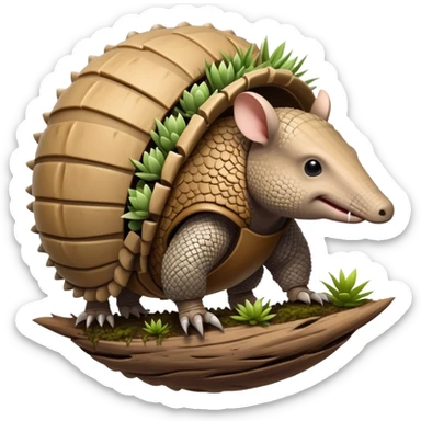 An armadillo with bark-like armor plates and a small ecosystem of plants growing on its back. It can roll into a perfect sphere that sprouts defensive thorns. sticker