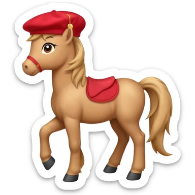 Adorable cartoon pony (small horse) emoji, full body, standing in profile view facing sideways. It has big, sparkling eyes and a friendly smile. It is wearing a cute red beret tilted to one side.  sticker