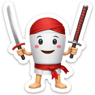 A coffee cup with arms and legs and a face that’s holding dual katanas with a bandana sticker