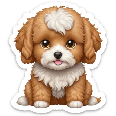 Cinematic Cute Apricot Cavoodle Portrait Emoji, Head tilted playfully and inquisitively, with a fluffy curly apricot coat adorned with subtle white patches, round, sparkling brown eyes filled with curiosity, Simplified yet irresistibly adorable features, highly detailed, glowing with a warm, friendly glow, high shine, affectionate and lively, stylized with a touch of whimsy, bright and endearing, soft glowing outline, capturing the essence of a mischievous yet loving companion, so playful it feels like it could bound out of the screen and into your arms! sticker