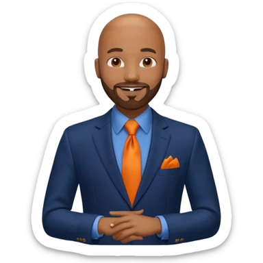 headshot of a sophisticated, stylish, bald head, smiling Caribbean black man with a beard and goatee in a navy blue suit, orange tie sticker
