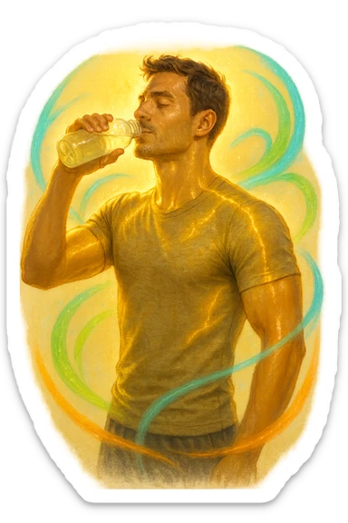 Uomo atletico sui 30 anni, al mattino presto, mentre beve una bevanda trasparente ricca di elettroliti da una borraccia. Il suo corpo è illuminato da una luce naturale dorata e mostra una leggera aura energetica attorno ai muscoli, simbolo di rigenerazione e recupero. Espressione rilassata e vitale, pelle idratata e luminosa. Intorno a lui flussi leggeri e colorati (blu, verde, arancio) rappresentano il bilanciamento degli elettroliti: sodio, potassio, magnesio. Ambiente naturale o cucina moderna minimalista. Atmosfera positiva, pulita e rinvigorente. sticker