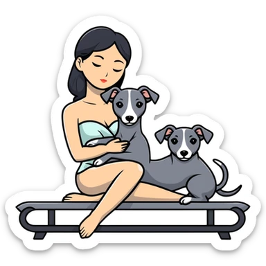 Very thin Chinese woman with long black hair relaxing on a spa lounger with exactly ONE whippet dog. CRITICAL REQUIREMENT: the whippet must be ONE SOLID VERY DARK CHARCOAL GREY (almost black-grey) COLOR from nose to tail with NO WHITE or LIGHT AREAS anywhere - NO white face, NO white muzzle, NO white chest, NO white paws, NO white tail tip - NOTHING BUT A SINGLE SHADE OF VERY DARK GREY throughout the entire animal sticker
