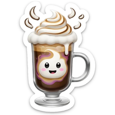 hot coffee in the glass with marshmello sticker