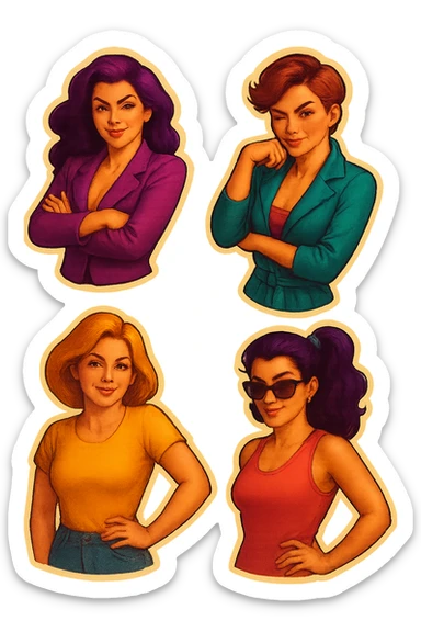 lesbian sticker pack - women who made it for women who love women - bossy dominative style, assertive mood, more tempting and quirky, add more emotions, retro stickers style sticker