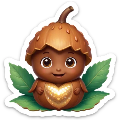 Cinematic tiny happy acorn, glossy brown, soft glowing highlights, tiny adorable face with big sparkly eyes, sitting on a pastel leaf, warm and cheerful. sticker