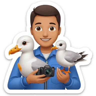 Minimalist emoji-style illustration of a smiling photographer holding a seagull in their hands. Simplified, clean lines, vibrant colors, small size, white background sticker