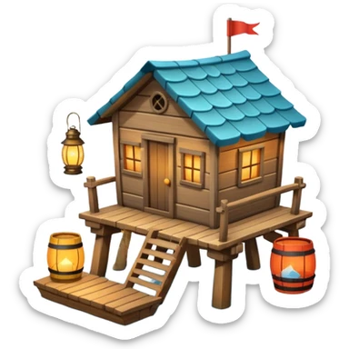 
fisherman house on a wooden pier, small dock, fishing nets hanging, barrels, lantern, ocean vibe, 3D cartoon, cute mobile game icon, clean background, no text
 sticker