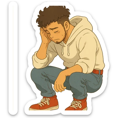 1 male, mid fade haircut dark chestnut brown curly hair, toasted lightskin, white hoodie sleeves up, fashion jeans, red fashion-sneakers shoes, red belt, short trimmed beard and goatee,  style of deku from "my hero academia", doing a "sad" pose sticker
