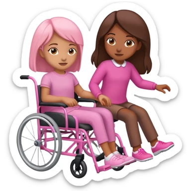 One tan skin sister pushing her brown skin sister in a pink wheelchair sticker