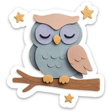 sleepy owl on a tree branch with stars, muted night palette, soft pastel colors, transparent background, paper craft style sticker
