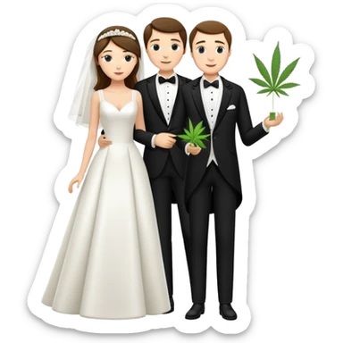 A bride in white wedding dress and groom in tuxedo, full body, sharing cannabis, wedding couple, different pose sticker
