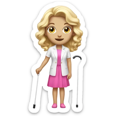 Blonde hair woman , wavy hair, white skin , pink outfit , holding a white cane for the blind sticker