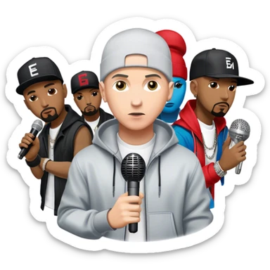 Icon for Hip-Hop Music: Eminem with his signature microphone, surrounded by other hip-hop icons. The design should reflect the raw energy of the genre with urban elements, graffiti, and vibrant colors. Transparent background. sticker