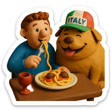claymation style guy in Italy eating pasta with a huge, happy, fat whale of a dog wearing an Italy hat sticker