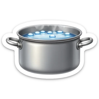 small metal pot filled with boiling water on a stove, visible hot steam and rising bubbles, realistic heat effect, shiny pot surface, bright lighting, clean white background sticker