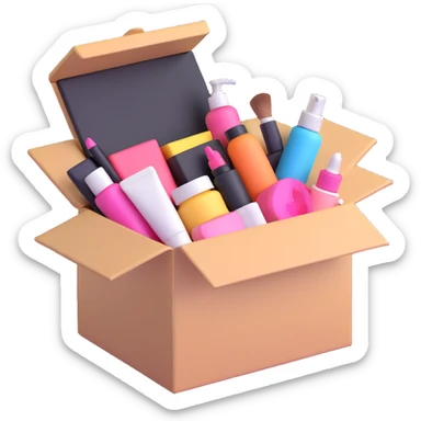 an opened box with assorted beauty items sticker