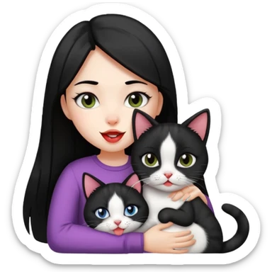 girl with straight black hair cuddling black and white cat with tongue out sticker