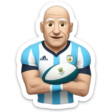old bald man with Argentina shirt and a rugby ball sticker