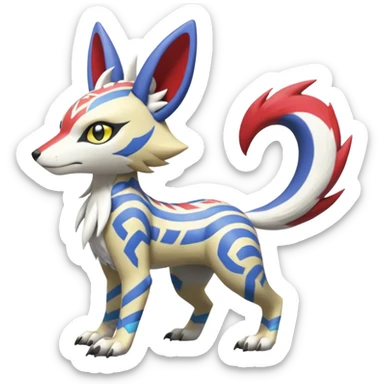 Tropical Tiny Marked Patterned Tribal WereGarurumon-Linoone-Meloetta-Renamon-Zangoose-fusion-hybrid-creature (full body) sticker
