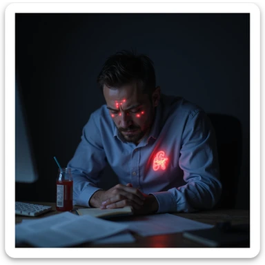 realistic tired man at desk late night, paperwork, energy drinks, glowing screen, fatigue, dark circles, slouched posture, subtle red glows on heart and head, cold lighting, burnout health risk sticker