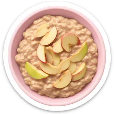 A light pink bowl with oatmeal and aesthetic apple slices spread along one side and peanut butter drizzled on the top sticker