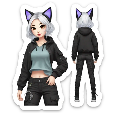 Edgy cool shy colorful Asian urban beautiful pretty anime punk tomboy-lady with cat ears techwear cargo pants hoodie collar  sticker