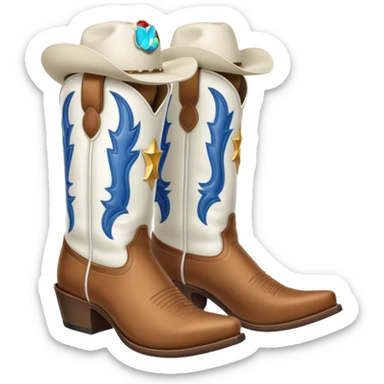 All white classic cowboy boots with hat on top of them sticker