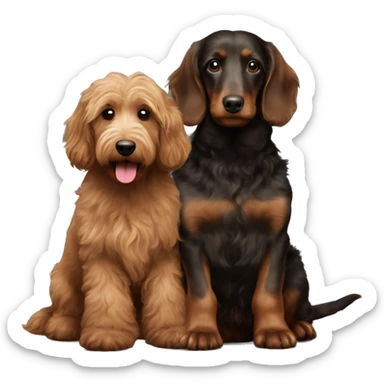  Brown goldendoodle and a black and brown longhair dachshund sitting together  sticker