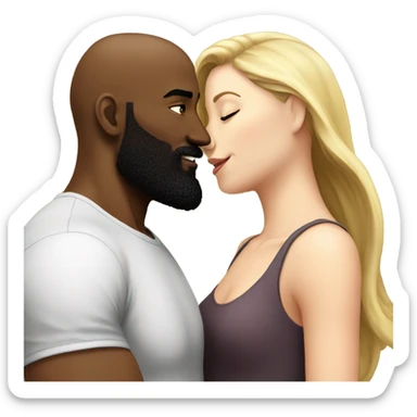 White girl brunette kissing muscular black bald man with beard sticker