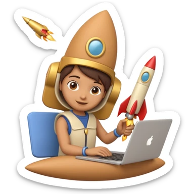 3D clay character with laptop and small rocket launching, cute rounded style, deep green (#0B3D2C), gold rocket, cream laptop, soft shadows, transparent background sticker