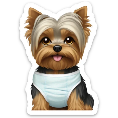 old Yorkie dog wearing a diaper sticker