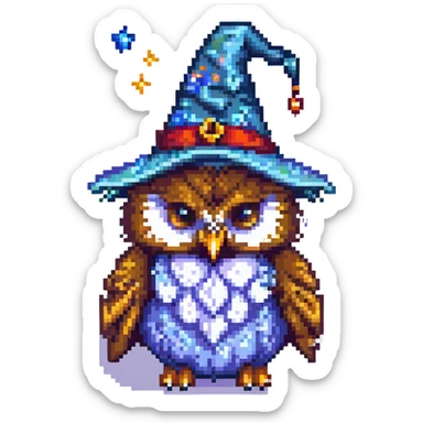 pixel art owl with a purple wizard hat and stars sticker