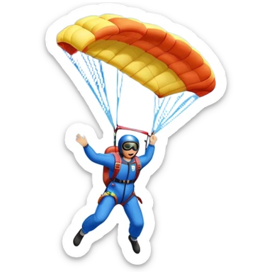 A skydiver free-falling through the sky, with a brightly colored parachute open above them. The background features a vast blue sky dotted with fluffy clouds, birds soaring nearby, and a plane flying off in the distance, emphasizing the thrill and freedom of the sport. sticker
