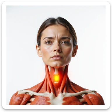 realistic anatomical front view of a woman with highlighted neck muscles, cervical contractures, expression of pain, light background sticker